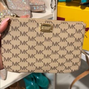 Michael Kors Tan Beige MK Logo Zip Pouch belt with Gold Plate